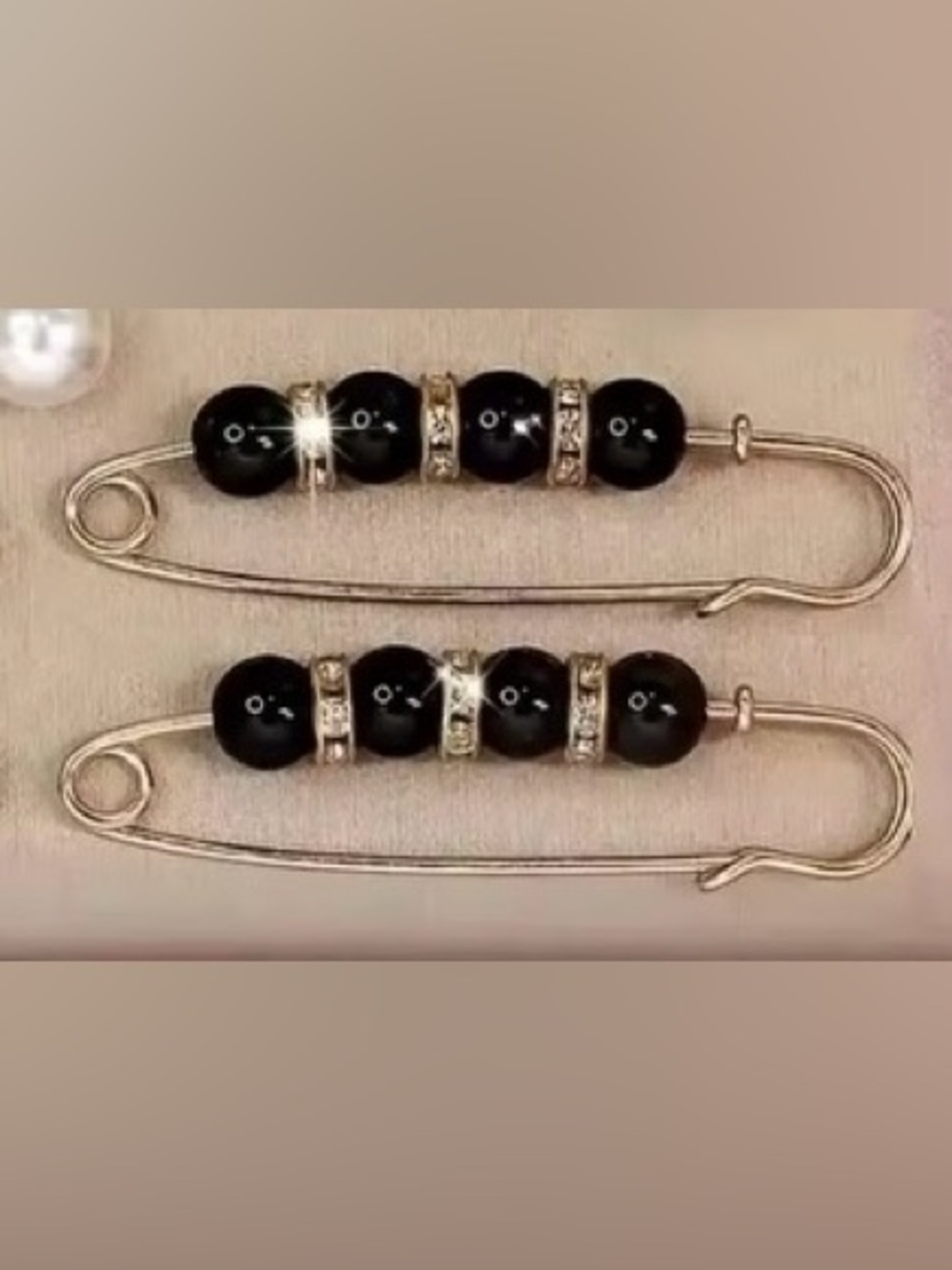 Gold Faux Pearl Safety Pin Brooch with Black Beaded Accents (Pack of 2) - Picture 2 of 6